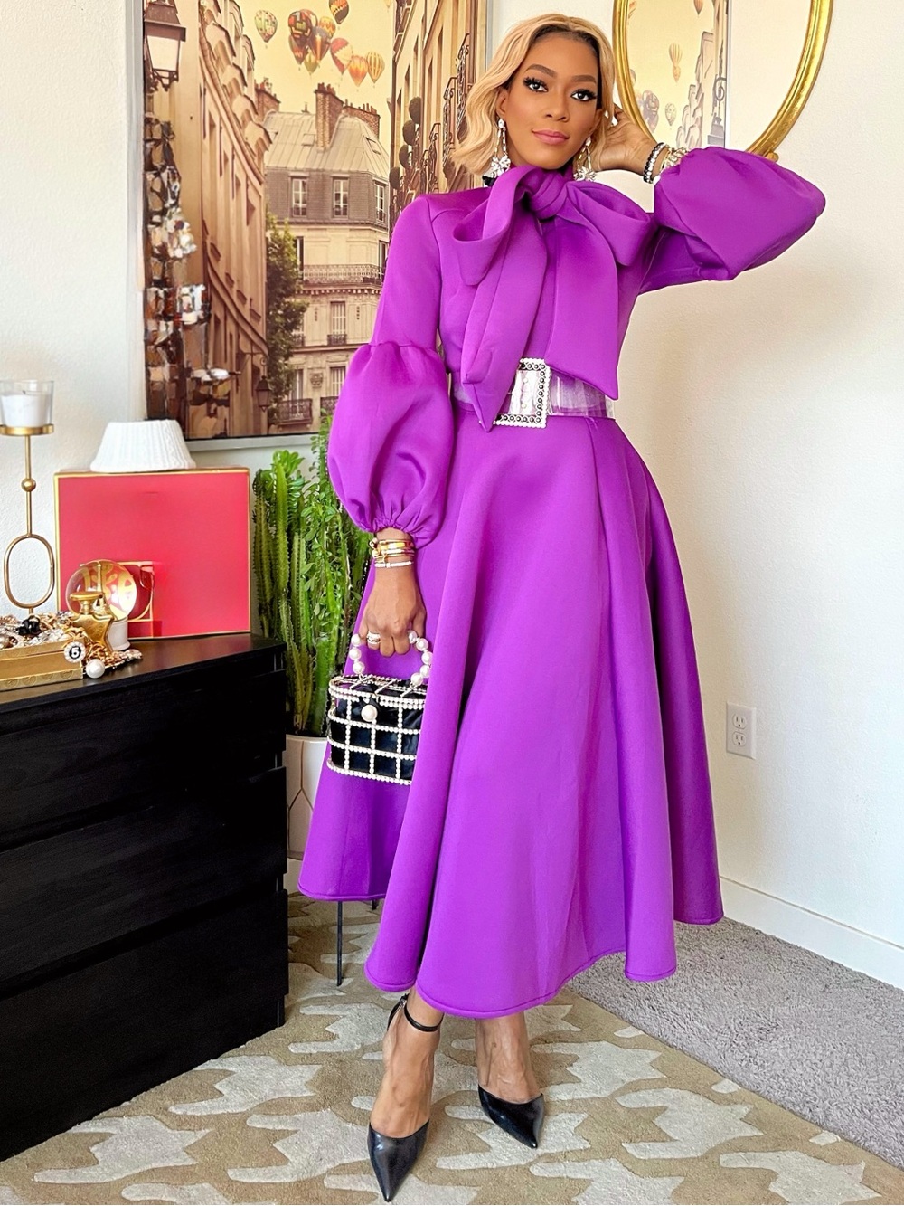 Elegant Purple Bow-Tie Midi Dress with Statement Sleeves